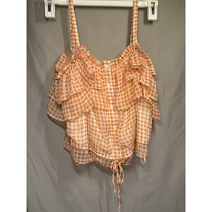 Lauren Conrad Cold Shoulder Blouse Strapless Orange Gingham Check Top Size XL